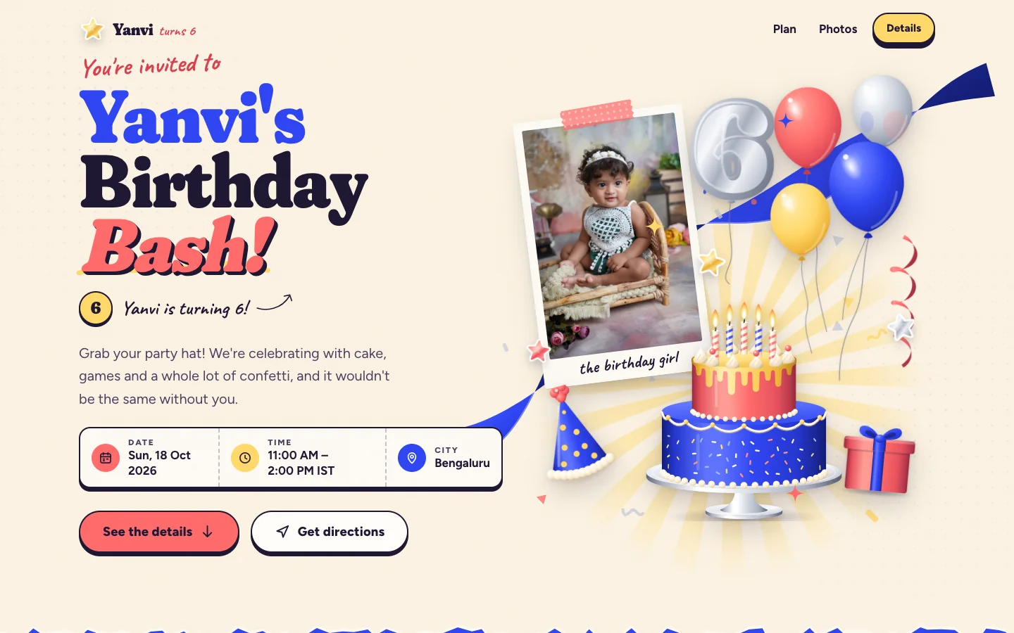 Screenshot of Yanvi’s Birthday Bash invitation on a computer: a large cake, balloons and a framed portrait with the party date, time and city.