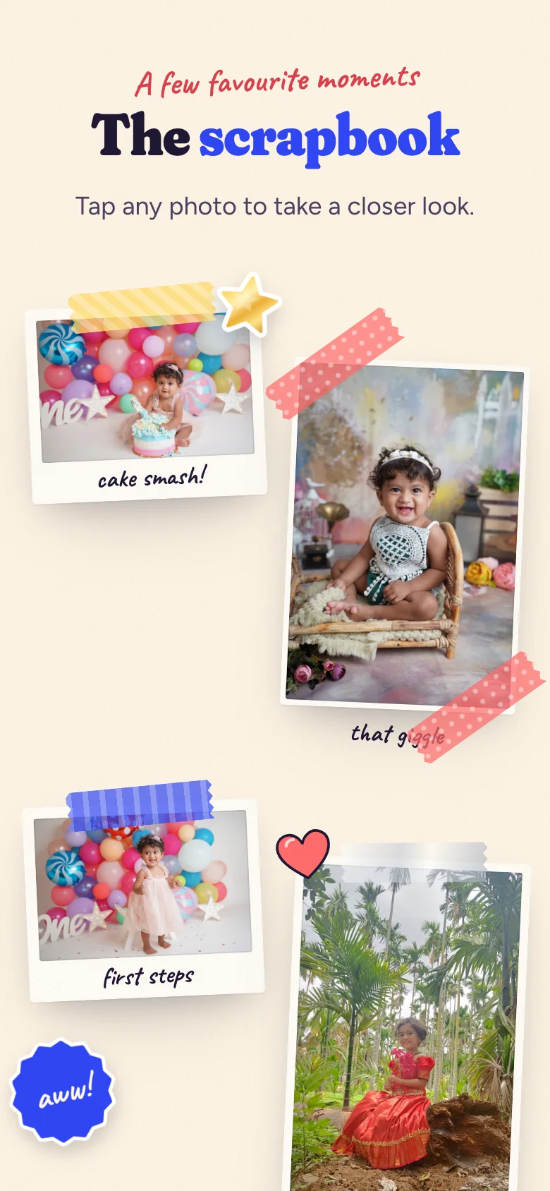 Screenshot of the photo scrapbook on Yanvi’s invitation: taped, slightly rotated photographs with handwritten captions.